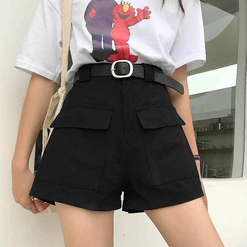 Летние корейские Ulzzang, новинка, Harajuku, шорты, повседневные, большие размеры, высокая талия, ins, женские, для колледжа, одноцветные, с карманами, шорты Карго