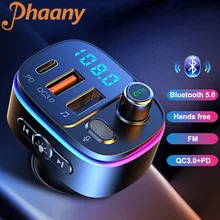 Phaany FM verici FM modülatör Bluetooth 5.0 araç kiti Handsfree hızlı şarj 3.0 + PD tipi C USB araç şarj cihazı mikrofon ile
