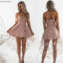 Бледно-розовый Короткое платье для выпускного вечера Винтаж Высокий Низкий Кружева юниоров сладкий 15 Выпускной Коктейльные Вечерние Платье размера плюс индивидуальный заказ