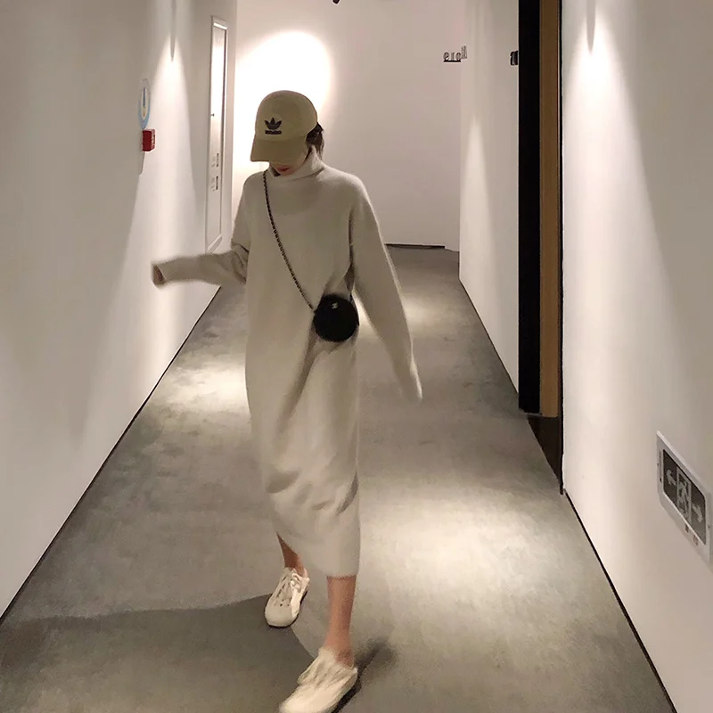 

Turtleneck Knitted Sweater Dress 2019 Autumn Winter Thickening Loose Noodles Elastic Sweater Long Knitting Sweater Dress Ka23