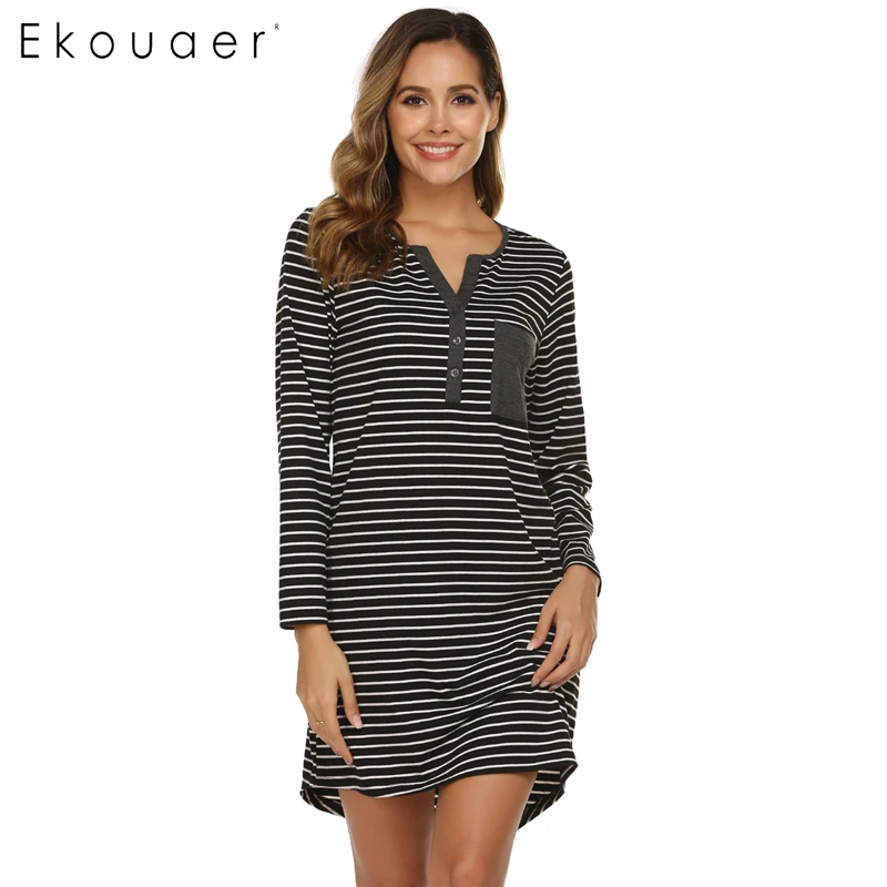black white Ekouaer Ночная сорочка Осенняя Женская полосатая одежда для сна Повседневная Ночная рубашка с v-образным вырезом карманная ночная рубашка Женская сорочка ночная рубашка - Цвет: black white
