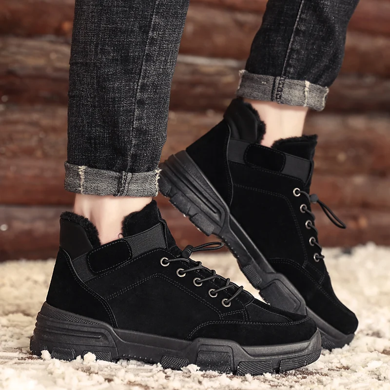 Autumn Winter Leather Ankle Boots High Top Men Snow Boots Shoes with Fur Plush Warm Male Casual Shoes Men's Sneakers