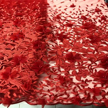 

3D Flower Latest Nigerian Tulle Lace 2020 red French Net Beaded Lace Fabric For Nigerian Wedding Embroidery African Lace Fabric