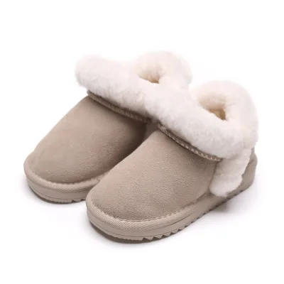 Бежевый Kids Snow Boots Leather Winter Fur Shoes Girls Boots Low Top Children Boots Boys Botas Solid Color Warm Shoes Botte Enfant Fille - Цвет: Бежевый