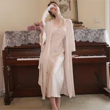 Women Sexy Two-Pieces Silk Night Robe Backless Spaghetti Strap Long Nightgowns Princess Elegant Solid Full Sleeves Morning Robe