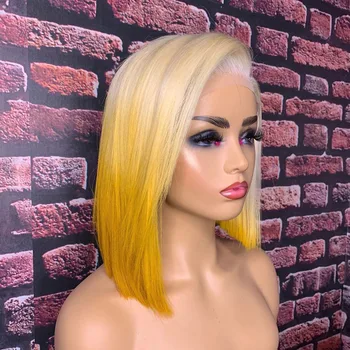 

Eversilky 180Density Short Bob Wigs with Baby Hair Ombre #613/Yellow Transparent Lace Front Wigs Silky Straight Full Lace Wigs