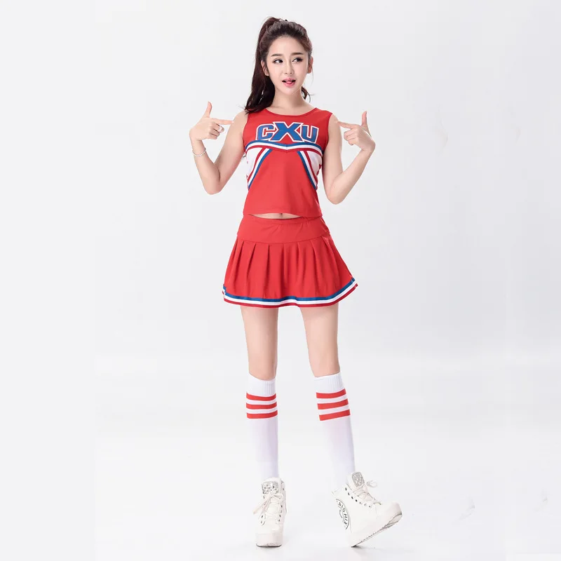 Red costume Униформа черлидер для девочек, Школьный костюм для девочек, полный комплект одежды, нарядное платье, костюм, топ+ юбка, 2 предмета, 2 цвета, S-2, XL - Цвет: Red costume