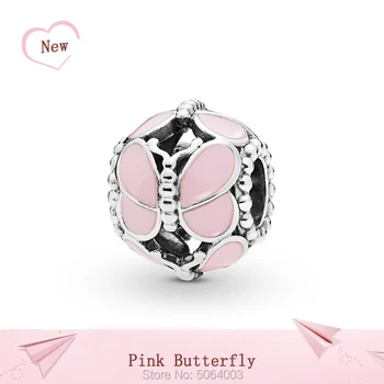 

925 Sterling Silver Ms Temperament Pink Butterfly Charm Butterflies Round Beaded DIY Bracelet Necklace Popular Jewelry Wholesale