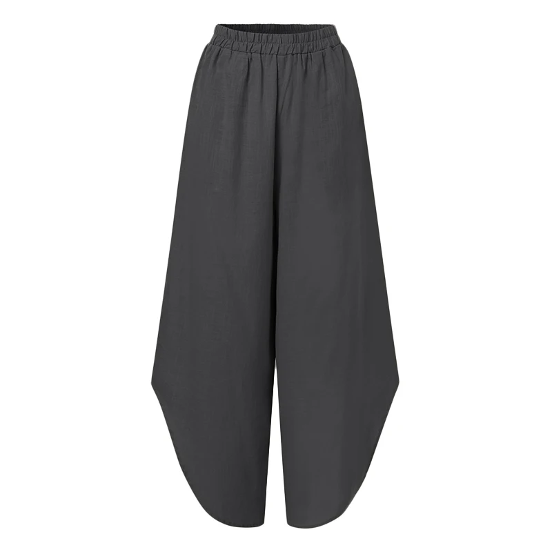 Cellumia, женские Модные Винтажные широкие брюки, льняные брюки, высокая эластичная талия, палаццо, повседневные свободные Асимметричные штаны, S-5XL - Цвет: Серый