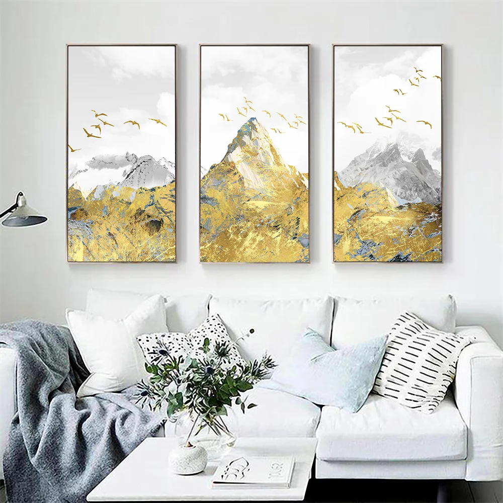 Abstract gold foil snowmountain Birds Wall art print on canvas Modern Painting Golden poster Pictures for Living Room Home Decor | Дом и сад