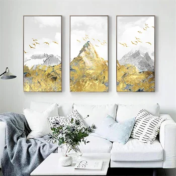 

Abstract gold foil snowmountain Birds Wall art print on canvas Modern Painting Golden poster Pictures for Living Room Home Decor