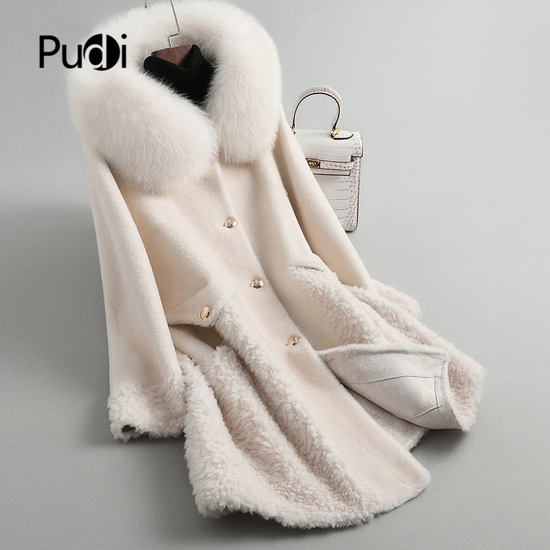 PUDI B404801 женская зимняя Натуральная Шерсть Мех теплая куртка пальто леди натуральный Лисий меховой капюшон, воротник Длинная куртка, пальто