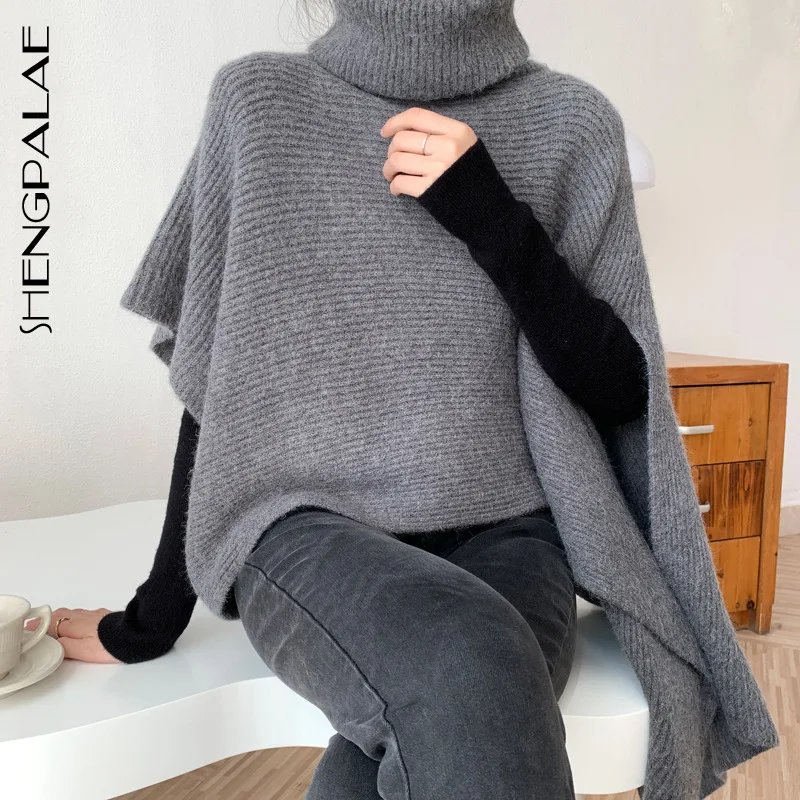 SHENGPALAE Irregular Knitted Shawl Women's Autumn 2021 Scarf High Neck Korean Version Solid Colo Long Sweater Cloak Female 5A848 | Женская