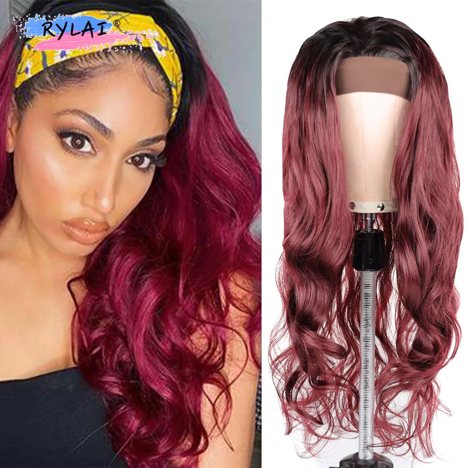 

Long Body Wave Headband Wigs Ombre Wine Red for Women Synthetic Curly Headband Wig Glueless Synthetic Natural Ice Silk Headband