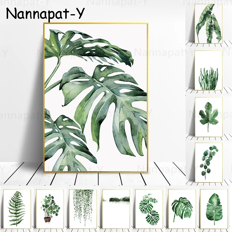 Watercolor Green Leaf Plant Nordic Pink Letter Poster And Prints Wall Art Canvas