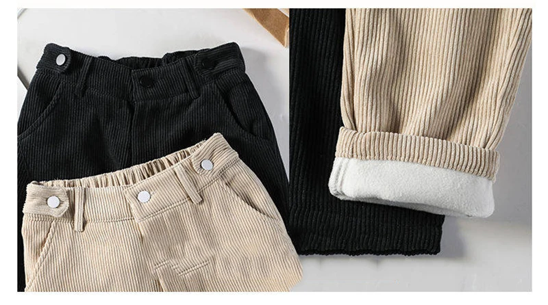 Теплые зимние Бархатные утолщенные женские вельветовые брюки размера плюс, Свободные повседневные женские брюки с эластичной талией, корейские брюки