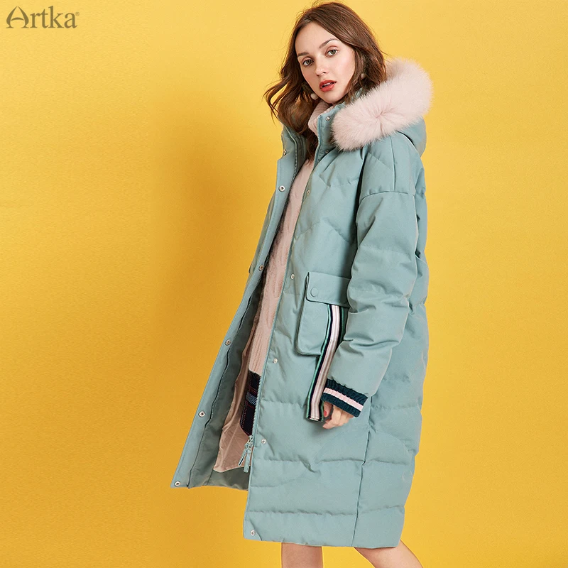 ARTKA Зимний женский пуховик 90% белый утиный пух Толстая теплая длинная куртка из меха енота Съемная верхняя одежда с капюшоном ZK10197D