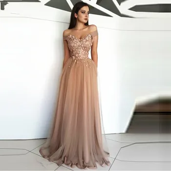 

Off the Shoulder Evening Dresses Champage Lace Applique Tulle Cheap Prom Party Gowns Floor Length Robe De Soiree
