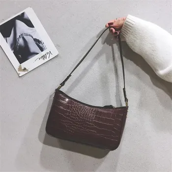 

Crocodile pattern leather shoulder baguette bag for women 2020 designer clutch tote bags vintage mini purses handbag luxury