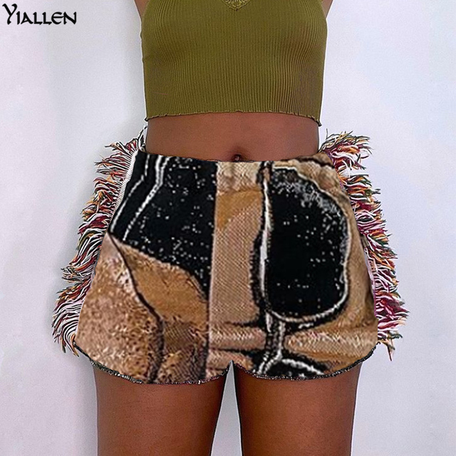 Vintage Print Shorts Women Summer Indie Folk Style Unique Side Tassel Patchwork Pants Hot Hipster Female Clothing Hot