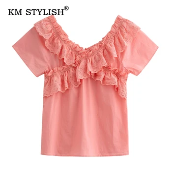 

New Women V-neck Solid Chiffon Short-sleeve Blouse Lace Patchwork Sweety Shirts Female Fashion Tops