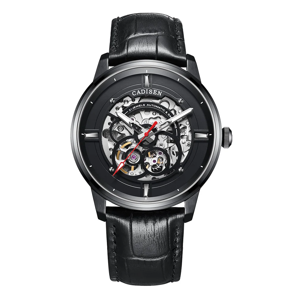 CADISEN для мужчин s часы Скелет Tourbillon механические кожаные Наручные часы для мужчин MIYOTA 8N24 автоматический Топ люксовый бренд Reloj Hombre - Цвет: All black