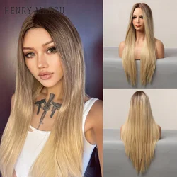 HENRY MARGU Long Silk Straight Ombre Brown Blonde Synthetic Wig Cosplay Daily Middle Part Wig for Women Heat Resistant Fake Hair