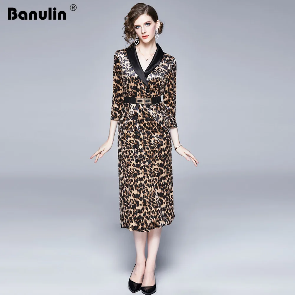 Banulin Runway Autumn Winter Long Sleeve Long Dress Women's Notched Neck Vintage Leopard Printed Office Lady Dresses Vestdios