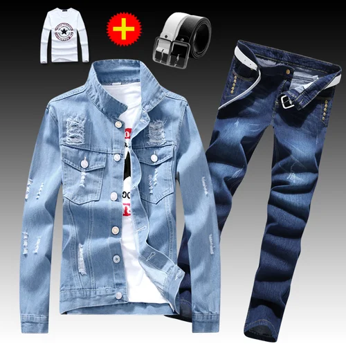 Весенне-осенняя мужская джинсовая куртка, рваный жакет с дырками, джинсовые пальто, прямые брюки, брюки-карандаш, комплект из 2 предметов, карманы, приталенный крой для мужчин E - Цвет: 16