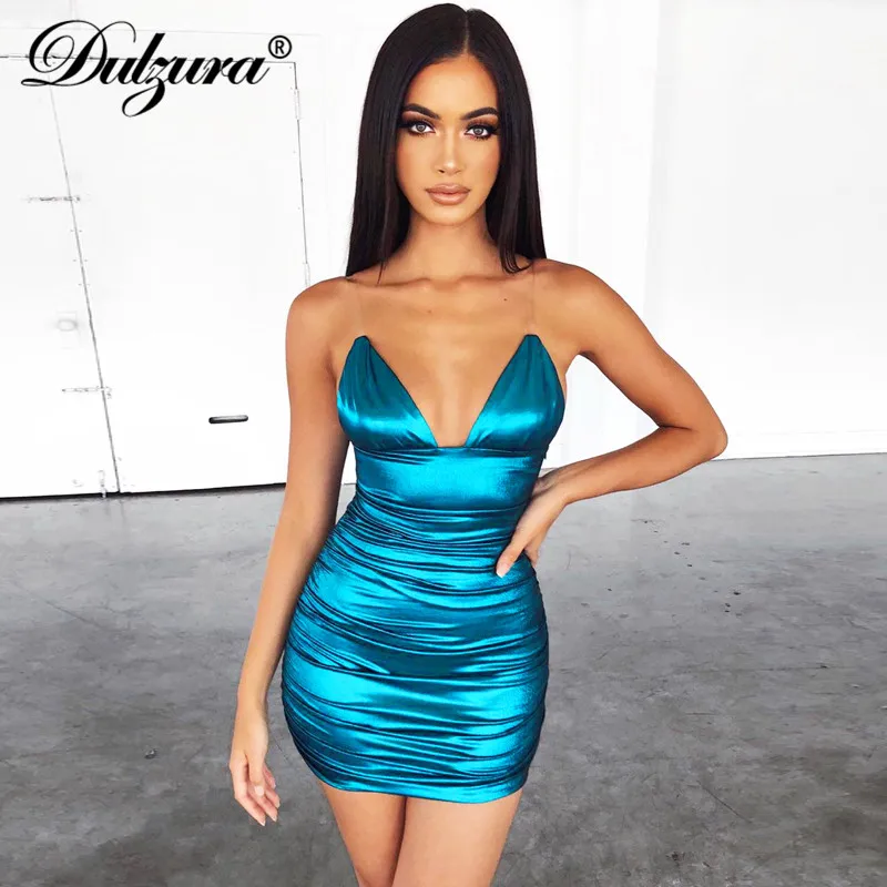 Najtaniej Dulzura plisowana sukienka holograficzna bling bodycon seksowny pasek backless v neck 2019 jesienno zimowa ubrania imprezowe festiwal klubowy