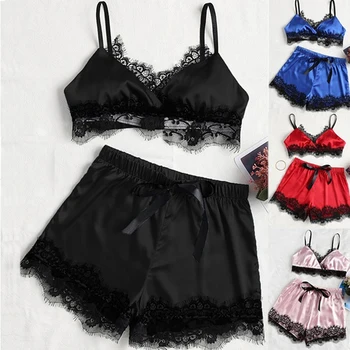 

Women's Sleepwear Sexy Strap Nightwear Satin Pajama Set Lace V-Neck Pyjamas Sleeveless Top And Shorts Strap Nightie Kit