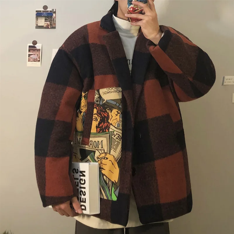

Winter Thick Woolen Jacket Men's Warm Fashion Parka Men Printing Casual Coat Mens Streetwear Loose Plaid Coat Male Clothes