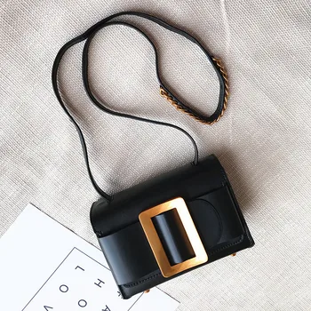 

2018 Women's Clutch Shoulder Bag Metal Color Lunch Brand Chic Side Buckle Double Use Small Square Bag Real Leather Span Handbag