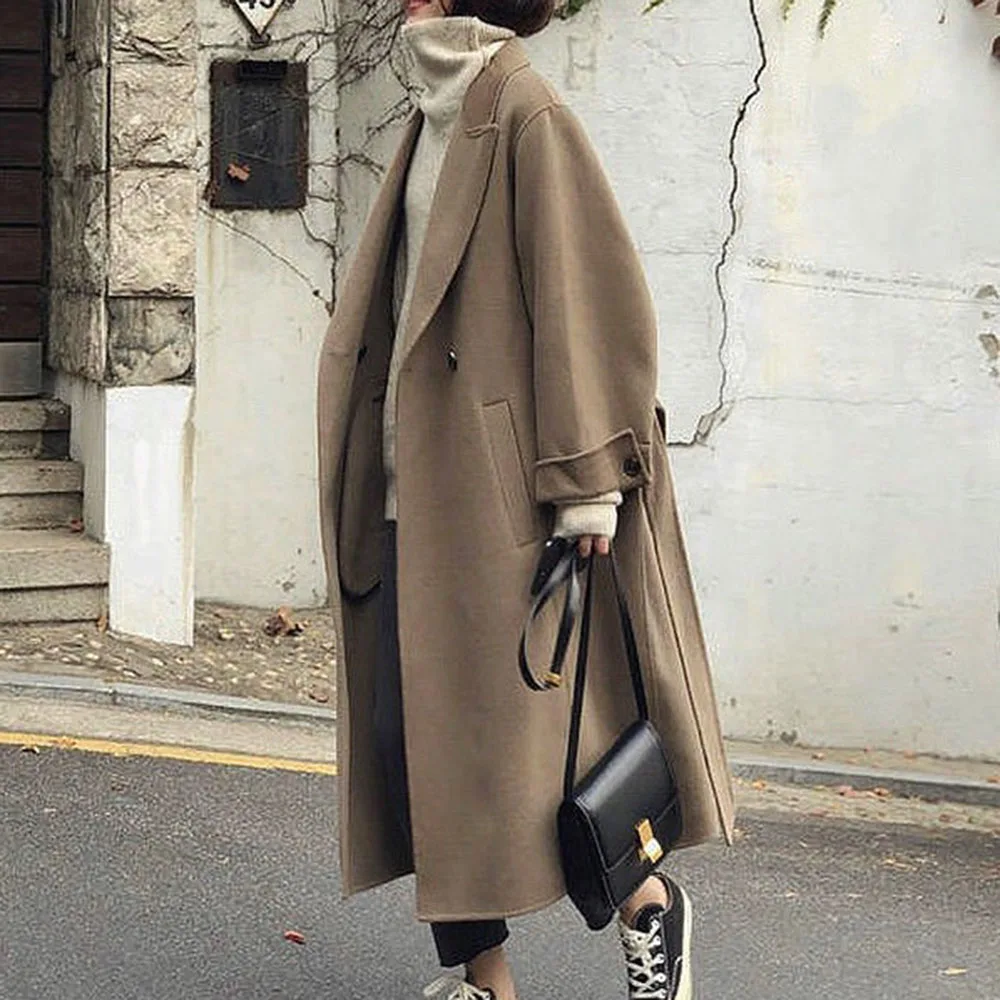 

Loose Women Spring Autumn Long Coats 2020 Fashion Plain Long Sleeve Notched Lapel Double-breasted Female Trench Coat Tops