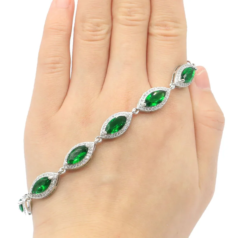 

17x10mm Luxury Created Green Emerald CZ Gift For Woman's Silver Bangle Bracelet 8.5-9.5in "