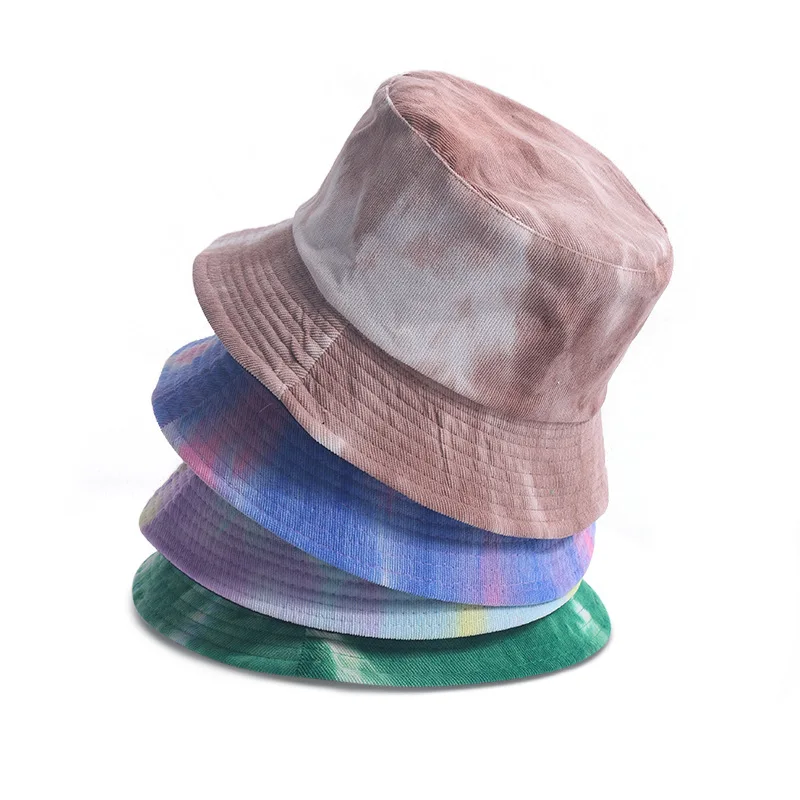 

HanXi New Corduroy Bucket Hats Women Fisherman Caps Autumn Winter Reversible Multicolor Tie Dye Men Gorros