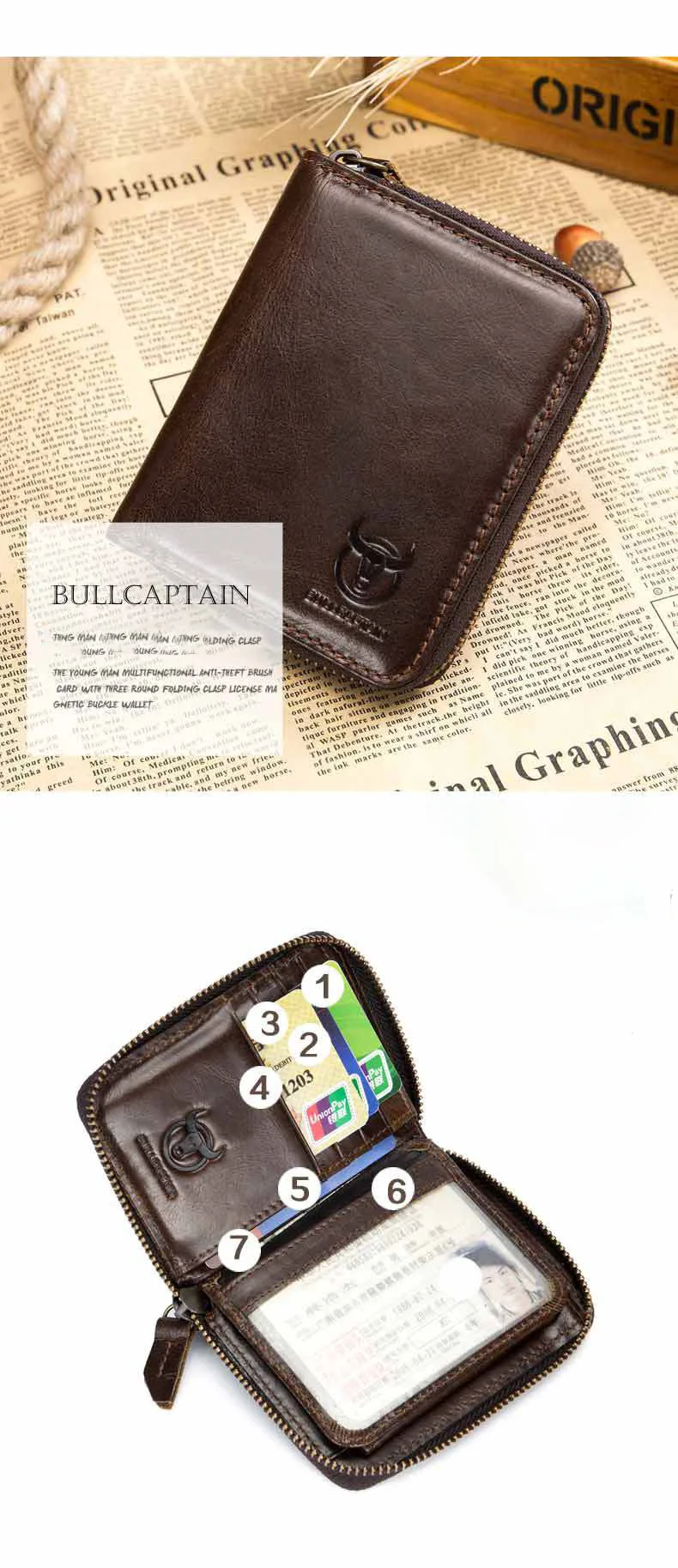 BULL капитан бренд натуральная кожа молния круглый RFID Карманный Кошелек для мужчин держатель для карт ID диск чехол для карт Монета Сумка для мужчин доллар кошелек
