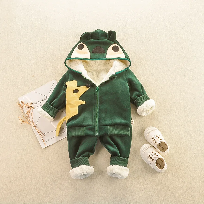 Mihkalev/детский осенне-зимний комплект одежды для детей, утепленная одежда, костюмы пальто с капюшоном+ штаны, детская одежда для мальчика, спортивный костюм для девочек - Цвет: Зеленый