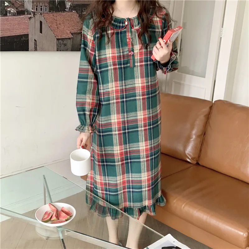 

comfortable autumn plaid nightgown women sleepwear home dress long sleeve ruffles loose nightshirt casual nightdress green L887