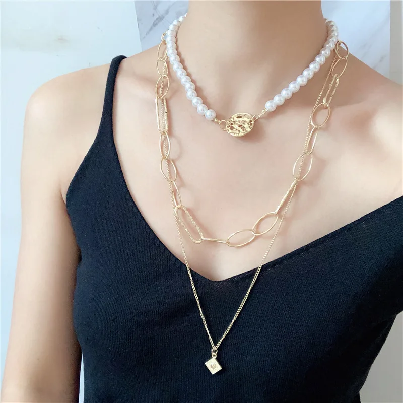 DIEZI New Fashion Imitation Pearls Choker Necklace Female Necklaces for Women Gold Color Coin Pendant Sweater chain Jewelry