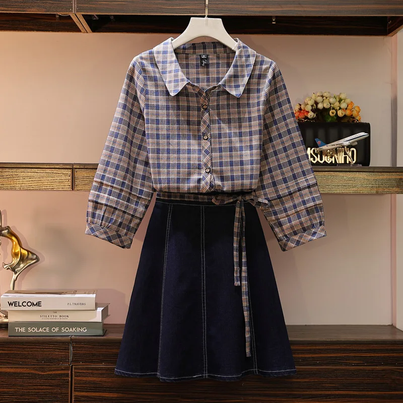 

Photo Shoot 2019 Autumn New Style Large Size Dress Large GIRL'S Slimming Plaid Shirt + Denim Skirt Two-Piece Women's