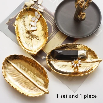 

Nordic Ins Ceramic Jewelry Storage Tray Golden Leaf Ring Necklace Tray