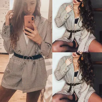 

2020 Newest Womens V-Neck Blazer Full Sleeve Coat Button Blazer Suit Jacket Outwear Ladies Turn down Neck Buttoned Plaid Blazer