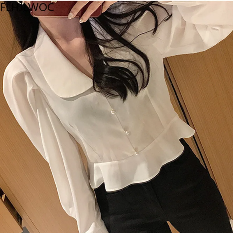 

2021 Spring Ruffled Corp Tops And Blouses Women Cute Chic Korea Solid White Black Peter Pan Collar Single Breasted Button Shirt