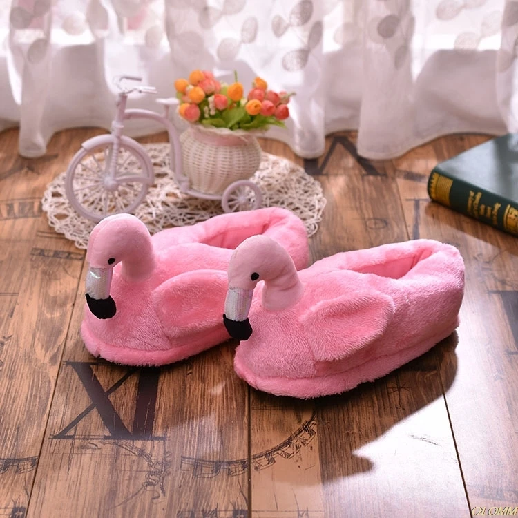 

Winter Women Indoor Slippers Flamingo Mules Fur Plush Warm Slippers Platform Cartoon Slip on Unisex Home Slippers