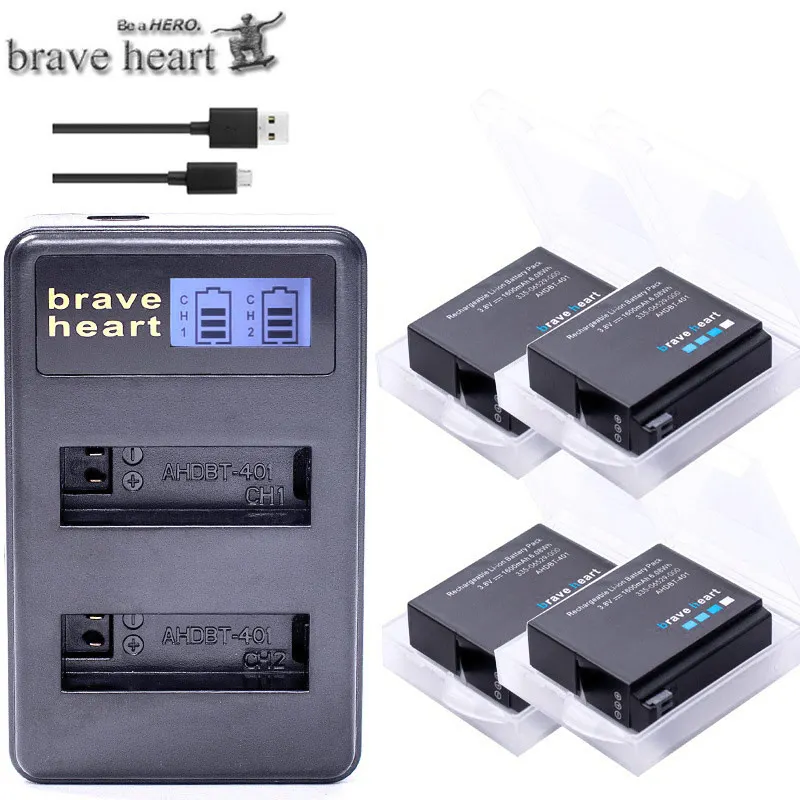 3 8 V 4x1600mAh Gopro Hero 4 батареи AHDBT401 Go Pro Hero4 bateria akku AHDBT 401 + двойной USB зарядка для amkov 7000s|gopro