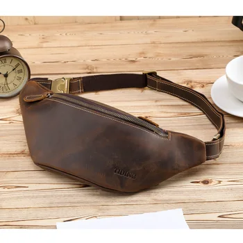 

Tiding Rugged Leather Waist Bag Military Cowhide Leather Fanny Pack Bum bag Brown 3021