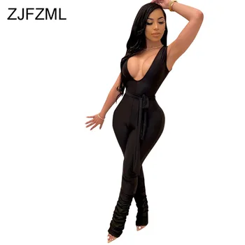 

High Waist Summer Pleated Jumpsuits For Women Deep V-Neck Sleeveless Bandage Romper Fashion Sashes Club Party One Piece Overalls
