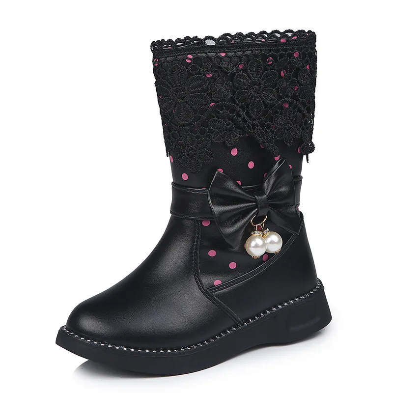 Г. Зимние ботинки для девочек модные милые зимние ботинки принцессы на молнии с бантом для девочек Теплые детские ботинки из искусственной кожи размер 27-37 - Цвет: Черный