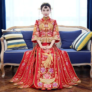 Chinese Traditional Wedding Dress Bride New Style Spring Summer Red Retro Chinese Style Marriage Slimming Dress for Toast